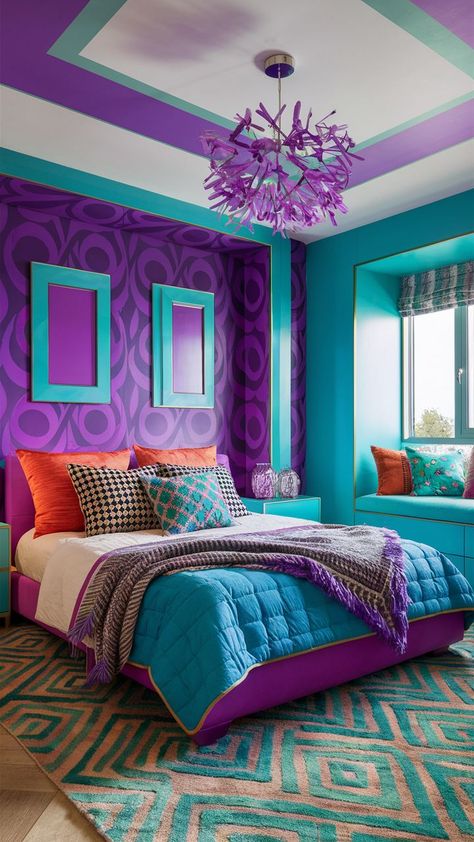 A bedroom with deep purple walls, dark wooden furniture, and ambient lighting. Rich velvet bedding and gold accents create a dramatic and luxurious atmosphere. Purple And Teal Kids Room, Hot Pink And Blue Room, Red And Purple Room, Goblin Bedroom, Purple Teal Bedroom, Teal Kids Room, Purple And Blue Room, Turquoise And Purple Bedroom, Purple And Teal Bedding