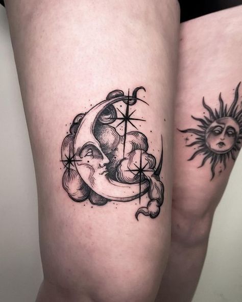 Thigh Tattoos Symmetrical, Whimsical Sun And Moon Tattoo, Gothic Sun And Moon Tattoo, Celestial Thigh Tattoo, Sun And Moon Leg Tattoo, As Above So Below Tattoo, Sun And Moon Tattoo Matching, Armpit Tattoo, Moon Tattoo Ideas