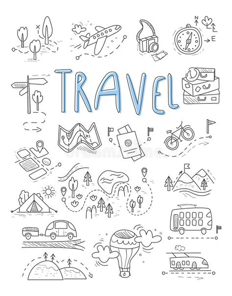 Camping Icons, Travel Doodles, Travel Journal Pages, Tree Doodle, Travel Journal Scrapbook, Zestaw Ikon, Travel Drawing, Doodle Style, Travel Icon