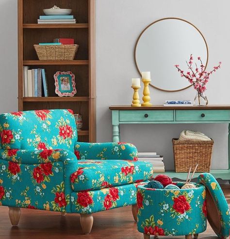 The Pioneer Woman Magazine Quilt Room Ideas, Women Decor, Dining Hutch, Quilt Room, Open Display Shelf, Farmhouse Style Furniture, Pioneer Woman Kitchen, Floral Chair, Round Storage Ottoman