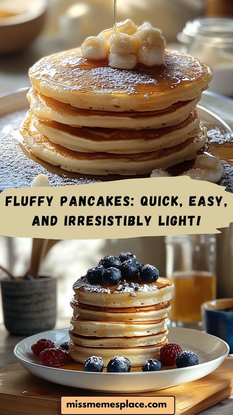 Whip up Fluffy Pancakes that are quick, easy, and irresistibly light! This simple recipe uses pantry staples like all-purpose flour and eggs, creating a batter that rises beautifully on the griddle. Serve these fluffy delights with a drizzle of honey, chocolate chips, or seasonal fruit for a breakfast that feels special. Perfect for busy mornings or brunch gatherings, these pancakes are sure to become a household favorite! Light Fluffy Pancakes Recipes, Healthy Fluffy Pancake Recipes, Puffy Pancakes Recipe, Fluffy Pancakes Without Eggs, Pancakes With Self Rising Flour Recipes, Honey Pancakes Recipe, Basic Pancake Recipe Easy, Pancake Easy Recipe, Quick And Easy Pancakes