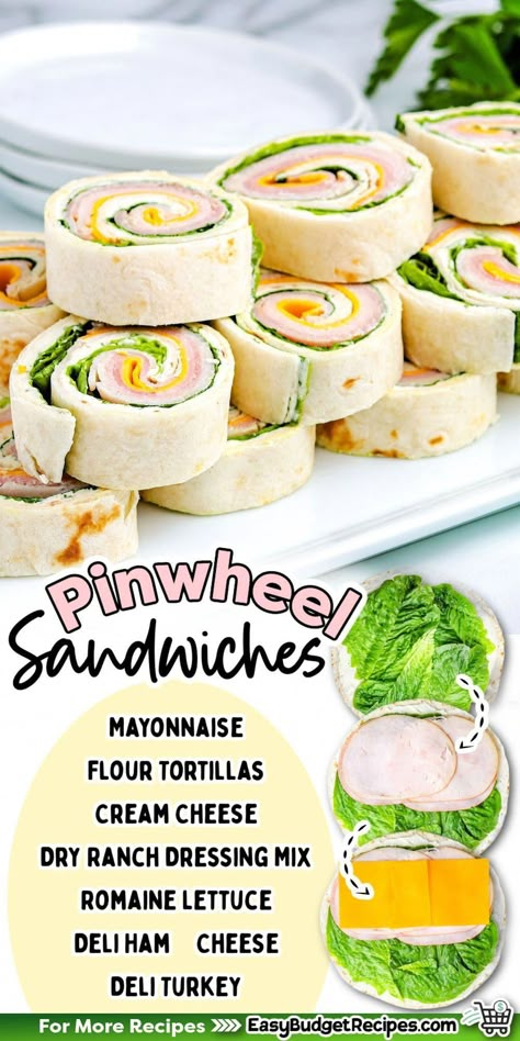 Do you need a quick and easy no-bake appetizer? These pinwheel sandwiches use simple ingredients and take only twenty minutes to make. This recipe is perfect for any holiday party! Pinwheel Board Ideas, Summer Pregnancy Lunches, Turkey Pin Wheel, Pinwheel Recipes Turkey, Ham And Turkey Pinwheels, Turkey Pinwheel Appetizers, Pinwheels Turkey, Deli Food Ideas, Simple Picnic Food Ideas