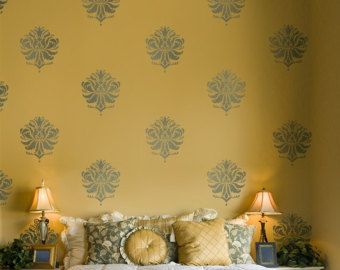 Damask Stencil Gabi's Brocade SM - Reusable stencils for walls, fabrics and furniture Asian Paints Wall Designs, Wall Paint Colour Combination, Greenery Wallpaper, Expensive Wallpaper, Wall Stencil Designs, Stencils For Walls, Wall Stencil Patterns, Folder Cover, Damask Stencil