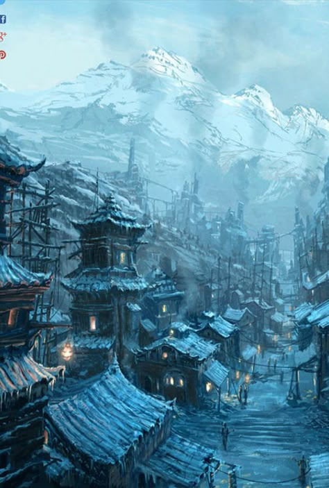 Ice village Steampunk Chinese, Raphael Lacoste, Chinese Village, Fantasy Locations, Creature Fantasy, Art Steampunk, Rpg Map, Fantasy Worlds, Fantasy City