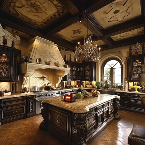 Tuscan Luxury Homes, Large Victorian Kitchen, Old Mansions Interior Kitchen, Dark Academia Interior Design Kitchen, Vintage House Kitchen, Victorian Mansion Kitchen, House Inspo Kitchen, Estate Home Interior, Old Mansion Kitchen