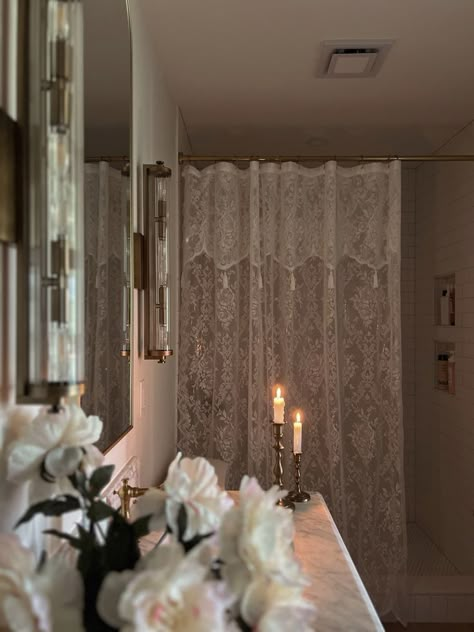 Dark Bathroom Vanity, Lace Shower Curtain, Reduce Cortisol Levels, Lace Shower Curtains, Art Deco Sconces, Reduce Cortisol, Bathroom Dark, Dark Bathroom, Luxe Bathroom