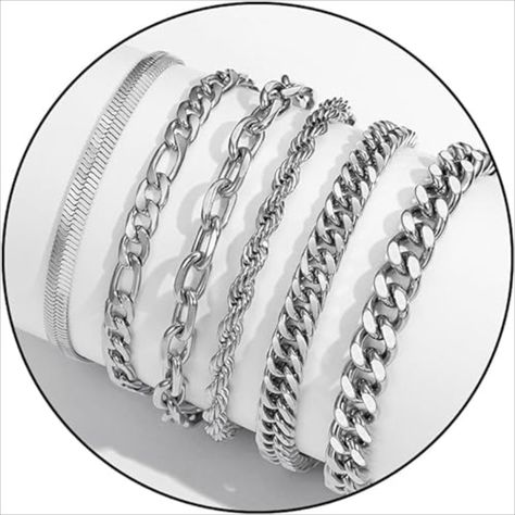 The 6 Pcs Chain Bracelet Set for Men features stainless steel Cuban, Curb, Link, Rope, Paperclip, Figaro, and Herringbone chain styles. Durable and stylish, these versatile bracelets are perfect for any occasion. Silver Bracelet Designs, Boys Bracelets, Mens Chain Bracelet, Mens Silver Jewelry, Mens Fashion Jewelry, Boys Jewelry, Herringbone Chain, Mens Bracelet Silver, Mens Chain Necklace