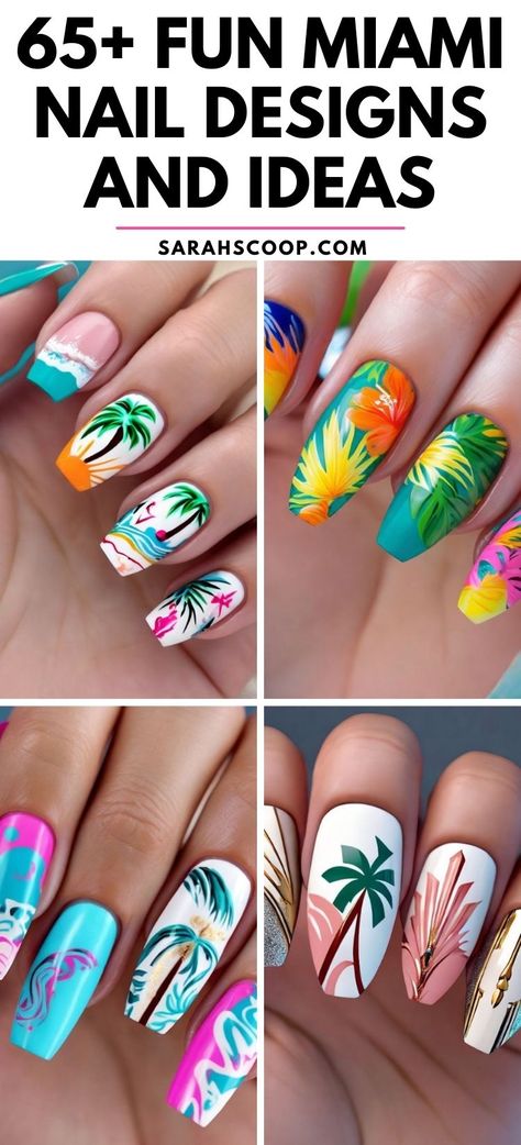 Sizzle in style with these Miami-inspired nail designs. Get your glam on! 💅☀️ #nailinspo #naildesigns #miami Fun Beach Nails Art Designs, Tropical Nail Designs Simple, Miami Inspired Nails, Margaritaville Nails, Caribbean Nails Designs, Miami Nails Ideas, Hawaii Nail Designs, Beach Nail Art Designs, Hawaii Nails