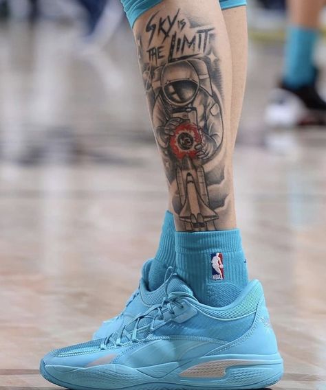 Calf Tattoo Men Ideas Design, Sky Is The Limit Tattoo, Tattoos Calf, Upper Arm Tattoos For Guys, Star Sleeve Tattoo, Calf Sleeve Tattoo, Leg Tattoos For Men, Upper Leg Tattoos, Basketball Tattoos