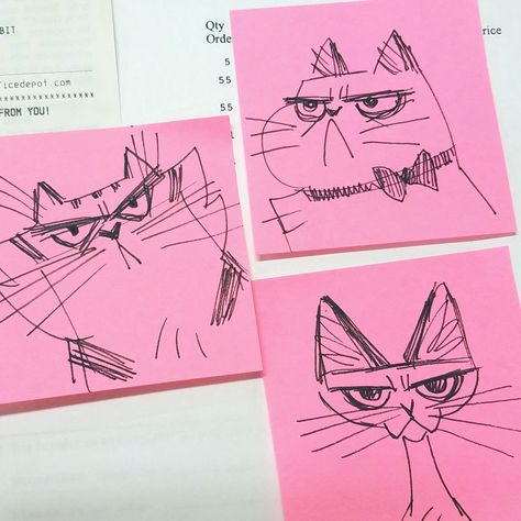 727-730: Sticky Note Doodles I was stuck waiting for prints to be re-printed and trimmed and decided to pump out a few kitty scribbles while I waited. The first two are grumpy because I was annoyed... Sun Cat Tattoo, Art Sketchbook Animals, Aesthetic Blog Design, Notes Drawing Ideas, Sketbook Ideas, Sticky Note Drawings, Skechtbook Ideas, Daily Cat Drawings, Cats Draw