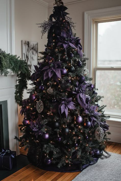 25 Black Christmas Tree Decorations: Stylish Ideas To Try Silver Metal Christmas Tree, Wednesday Addams Christmas Tree, Witch Themed Christmas Tree, Gothic Christmas Tree Ornaments, Gothic Christmas Tree Ideas, Purple And Black Christmas Tree, Whimsigoth Christmas Tree, Dark Christmas Decor Ideas, Black And Purple Christmas Tree