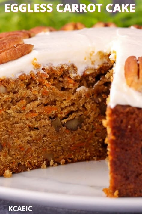 Eggless carrot cake on a plate with a slice taken out. Eggless Carrot Cake, Low Sugar Cakes, Cake Recipes Uk, Fluffy Cream Cheese Frosting, Red Birthday Cake, Nurse Cake, Kung Pao Chicken Recipe, Resipi Kek, Whiskey Cake