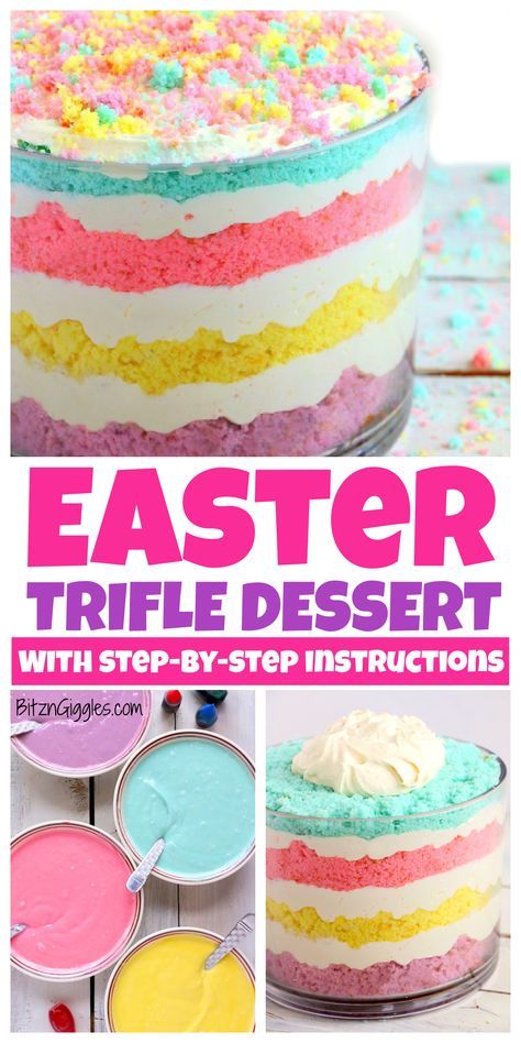 Easter Dessert Trifle – An easy and colorful spring trifle dessert made with white cake and a sweet creamy filling! Spring Trifle, Easter Trifle Desserts, Easter Trifle, Dessert Trifle, Trifle Bowl Recipes, Easter Deserts, Easter Party Food, Easy Easter Desserts, Easter Dishes