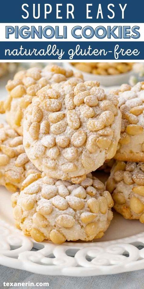 Pignoli Cookies - With or Without Almond Paste! - Texanerin Baking Cookies Made With Almond Paste, Pignoli Cookies Recipe Italian, Gluten Free Pignoli Cookies, Pinoli Cookies Recipes, Pinole Cookies, Pinoli Cookies, Pignoli Cookies Recipe, Almond Thins Cookies, Marzipan Recipes