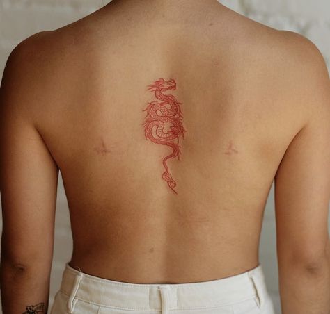 Dragon Tattoo Back, Red Dragon Tattoo, Small Dragon Tattoos, Chinese Dragon Tattoos, Dragon Tattoo For Women, Spine Tattoos For Women, Red Ink Tattoos, Red Tattoos, Subtle Tattoos