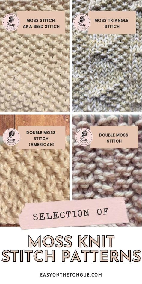 Moss Stitch is a lovely, textured knit stitch, using only knit and purl stitches. In this post, you will find a collection of all the moss stitch knitting patterns shared on the blog. Having all the different patterns on one page will make your choice to chose a moss stitch for your next knitting project so much easier. Save the link and please share! via @https://za.pinterest.com/amandane/ Moss Stitch Knitting, Moss Stitch Knit, Knitting Stitches For Beginners, Moss Stitch Pattern, Slip Stitch Knitting, Knitting Projects Free, Knit Purl Stitches, Basic Knitting, Simple Knitting