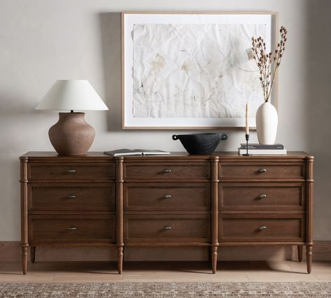 Hugo 9-Drawer Dresser (85") | Pottery Barn Dark Wood Dresser, Dresser Styling, Long Dresser, 9 Drawer Dresser, Wood Dresser, Rustic Lodge, Dresser Decor, Bedroom Dressers, Dressers And Chests