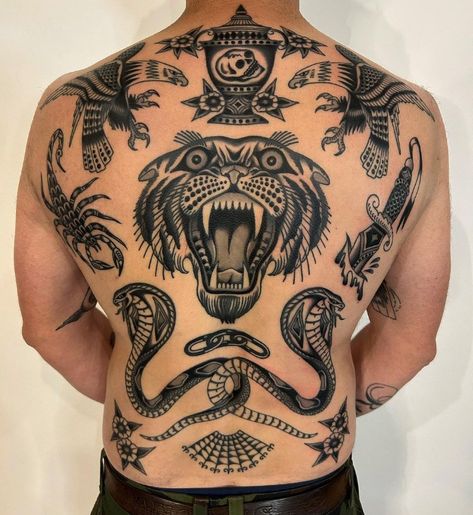 Tattoo Bodysuit Men, Back Piece Tattoo Men Traditional, Large Scale Traditional Tattoo, American Traditional Back Tattoo Men, Traditional Tattoo Art Japanese, American Trad Back Tattoo, Traditional Tattoos Backpiece, Big Back Tattoo For Men, Trad Back Piece