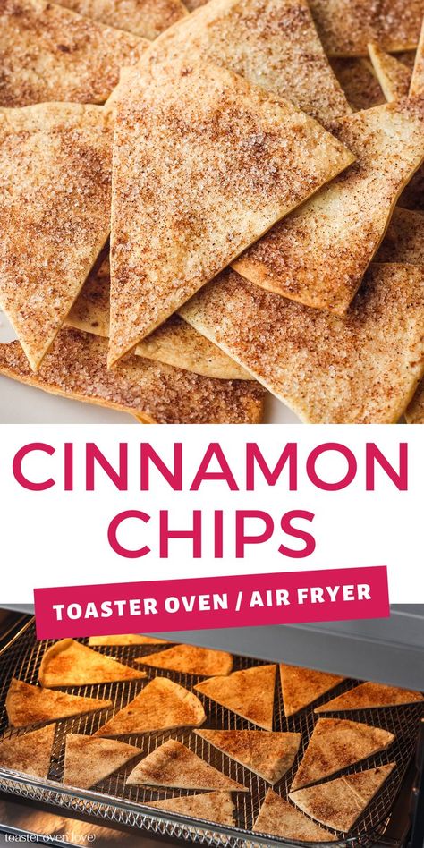 Closeup of cinnamon sugar chips on a plate and on a rack inside a toaster oven. Sopapilla Recipe In Air Fryer, Air Fryer Sopapilla Recipe, Cinnamon Chips Air Fryer, Tortilla Shell Recipes Ideas, Air Fryer Cinnamon Tortilla Chips, Tortilla Cinnamon Sugar Chips, Air Fryer Pita Chips, Cinnamon Sugar Chips, Cinnamon Sugar Tortilla Chips