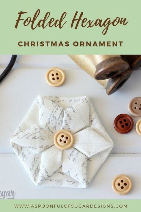 Quilted No Sew Christmas Ornaments, Hexagon Fabric Projects, Fabric Tree Decorations, Origami Fabric Ornaments, Fabric Christmas Angels Diy, Fabric Origami Christmas Ornaments, Quick Fabric Gifts To Make, Quilting Christmas Ornaments, Christmas Hexie Projects