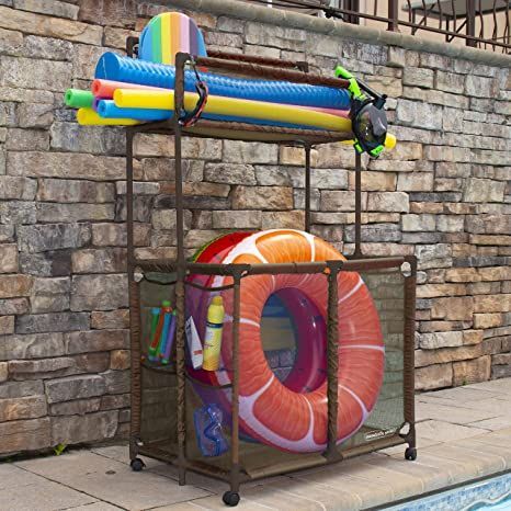 Pool Organizer, Wooden Bin, Pool Organization, Pool Float Storage, Pool Toy Storage, California Backyard, Pool Storage, Pool Essentials, Pool Toy