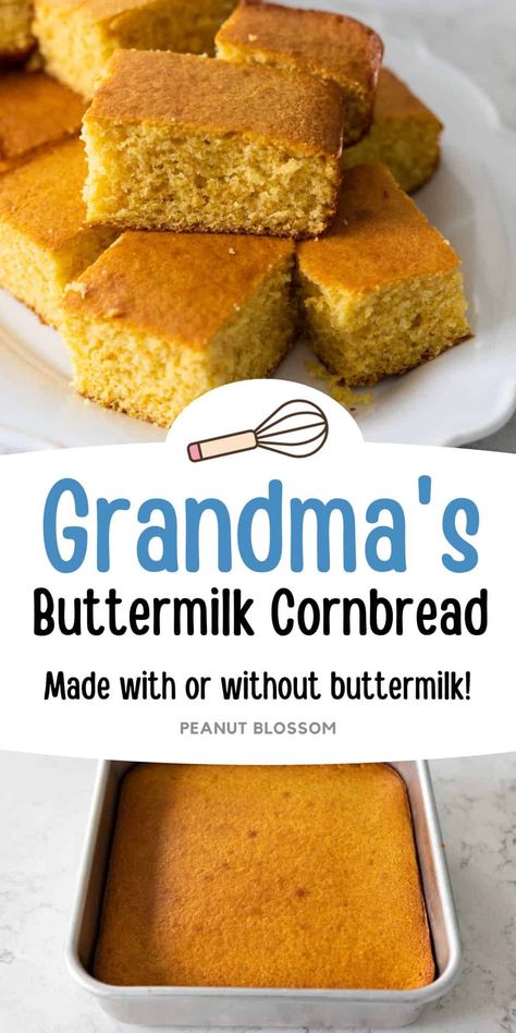 This classic southern buttermilk cornbread recipe can be made with or without buttermilk (see the notes for the easy substitution.) Serve it warm with a drizzle of honey and butter. Cornbread Recipe Without Buttermilk, Easy Buttermilk Cornbread Recipe, Southern Buttermilk Cornbread, Easy Buttermilk Cornbread, Buttermilk Cornbread Recipe, Simple Cake Ideas, Easy Dinner Rolls, Beginner Baker, Peanut Blossoms