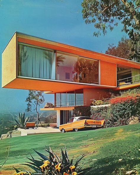 70s Modern Architecture, Modern 70s Architecture, Post Modernist Architecture, Creative House Exterior, 70s Exterior Design, Music Conservatory Architecture, 70s Mansion Aesthetic, Retro House Exterior Midcentury Modern, 70s House Outside