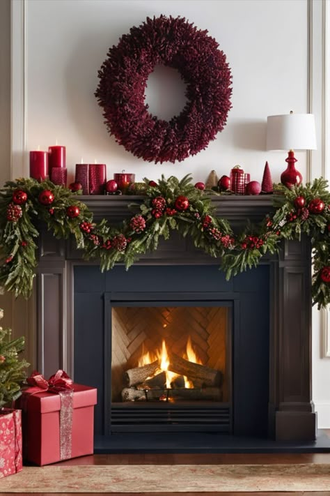 Christmas Decor Ideas Fireplace With Tv, Maroon And Gold Christmas Decor, Classic Christmas Mantle Decor, Traditional Christmas Mantle Decor Ideas, Fireplace Christmas Decorations, Christmas Decor Fireplace, Christmas Mantle Decorations, Christmas Fireplace Decorations, Burgundy Christmas Decor