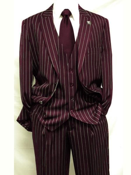 Mens Dark Burgundy ~ White Gangster Bold PinStripe Mars Vested 3 Piece Fashion Suit Pleated pant 1920s Suit Mens, Fashionable Suits Men, 50s Suits Mens, Pinstripe Suits Men, Red Pinstripe Suit, 20s Mens Fashion, 1920s Suit, Colorful Suits, Mens Suit Colors