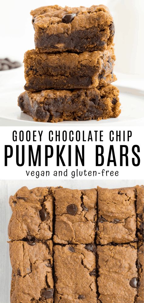 These gooey chocolate chip pumpkin bars are vegan, gluten-free, and an easy fall dessert recipe! Enjoy the sweet taste of pumpkin, chocolate, and warming spices altogether in one delicious bar. #pumpkinbars #healthy #easy #vegan #fallrecipes #glutenfree #pumpkin #falldessert Chocolate Chip Pumpkin Bars, Healthy Pumpkin Bars, Healthy Vegan Dessert, Fall Dessert Recipes Easy, Fall Desserts Easy, Pumpkin Bars, Mug Cakes, Fall Dessert Recipes, Gluten Free Pumpkin