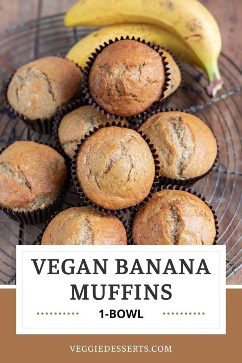 This easy Vegan Banana Muffins recipe is made with ripe bananas and wholesome ingredients that you can find anywhere. Kids and adults love this simple 1-bowl treat, with banana bread flavors, that's a great breakfast, snack, or to take on the go! Vegan Banana Bread Muffins, Banana Recipes Vegan, Vegan Breakfast Muffins, Healthy Banana Recipes, Vegan Banana Muffins, Banana Recipes Overripe, Banana Muffins Recipe, Ripe Banana Recipe, Gluten Free Banana Muffins