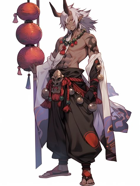 Half Oni Character Art, Japanese Dnd Character, Oni Swordsman, Male Oni Character Art, Oni Art Male, Berserker Character Design, Japanese Sorcerer, Oni Oc Male, Oni Armor