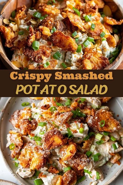 This crispy smashed potato salad is rich and chock-full of incredible texture. Make it for your next get-together, and it’ll be the talk of the night! Potato Salad For Bbq, Vegan Smashed Potatoes Salad, Winter Potatoe Salad, Smashed Potato Cucumber Salad, Smashed Potato Salad Pioneer Woman, Hot Potatoes Salad, Potato Sides For Bbq, Roasted Potatoes Salad Recipe, Cookout Meal Ideas