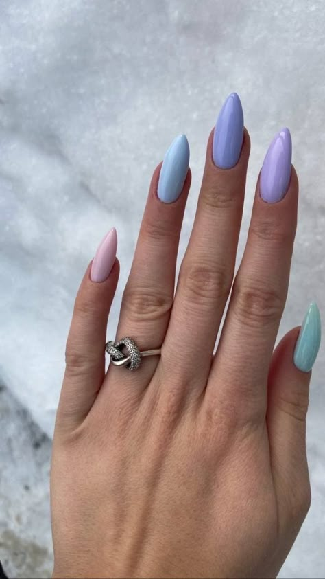 Blue Purple Nails Ideas, Pink Purple Blue Nails, Nails Blue And Purple, Purple Blue Nails, Pastel Almond Nails, Blue Pink Nails, Purple Pink Nails, Purple And Blue Nails, Blue Purple Nails