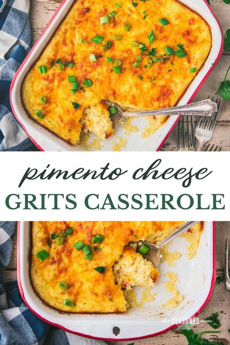 This pimento cheese grits casserole is an easy way to prepare baked grits for breakfast, brunch, or dinner! Delicious on its own as a vegetarian entrée, or perfect alongside sausage, shrimp, bacon, and chicken! Baked Grits, Pimento Cheese Grits, Cheese Grits Casserole, Grits And Eggs, Grits Breakfast, Oven Fried Fish, Sausage Shrimp, How To Cook Grits, Grits Casserole