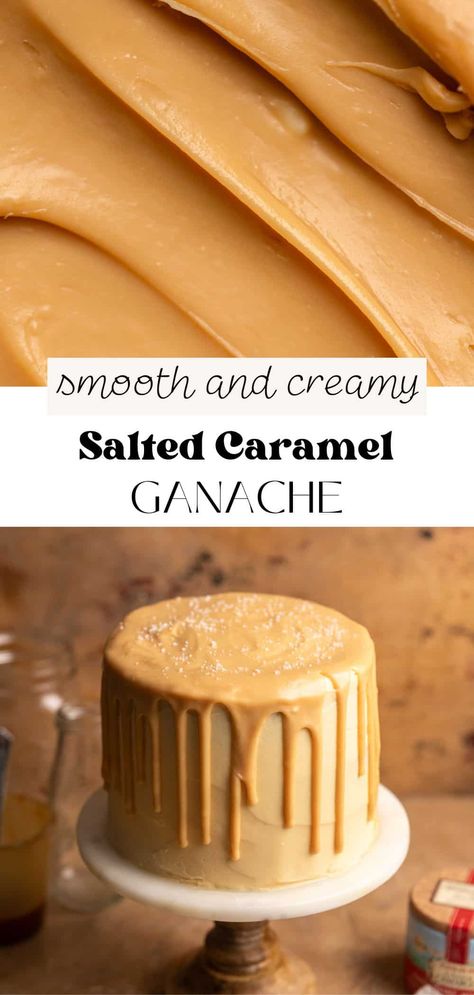 This salted caramel ganache recipe has a rich and creamy texture that goes perfectly with all your favorite desserts. Made with white chocolate, heavy cream, and caramel, it strikes the perfect balance between sweet and salty, delicious on everything from cakes to ice cream. It’s easy to make and is a must-have recipe for every baker! Caramel Cake Filling Recipe, Salted Caramel Frosting Recipe, Salted Caramel Ganache Recipe, Salted Caramel Filling For Cake, Ganache Flavor Ideas, Caramel Baking Recipes, Salted Caramel Cake Filling, Vanilla Ganache Recipe, Caramel Filling For Cake