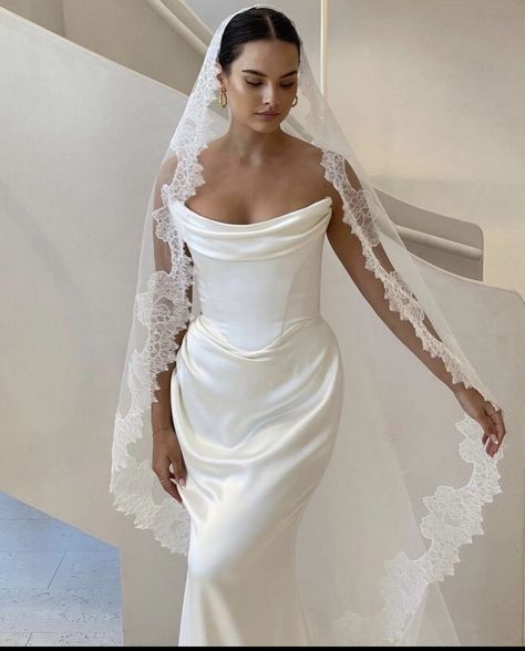 Bride Veil Aesthetic, Wedding Dress With Wrist Loop, Silk Wedding Dress With Cathedral Veil, Veil With Satin Wedding Dress, Spanish Veils Bridal, Silk With Lace Wedding Dress, Modern Cathedral Veil, Satin Dress Lace Veil, Simple Dress With Veil