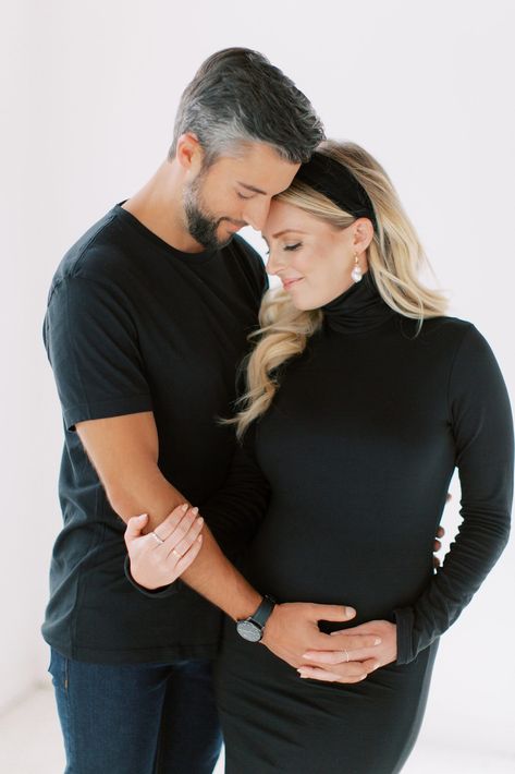 Maternity Poses For Couples, Couples Maternity Photography Studio, Maternity Shoot Poses Indoor, Maternity Pictures White Dress With Husband, Pregnant Couple Studio Photoshoot, Maternity Pictures Poses Couple, Couple Maternity Poses At Home, Maternity Shoot Couples Outfit, Poses For Pregnant Couples