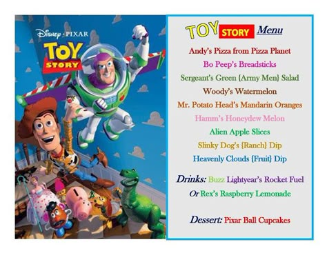 DISNEY MEAL #22 - TOY STORY! Has link to pictures of How the Meal Came Together & The Treat! Happiest Memories On Earth - is an awesome blog that has SO MANY Disney Meal Ideas and MORE!! Disney Nights, Disney Movie Themed Dinner, Disney Dinner And A Movie, Movie Themed Dinner, Family Movie Night Themes, Disney Movie Night Menu, Disney Meals, Dinner Movie Night, Disney Date Night