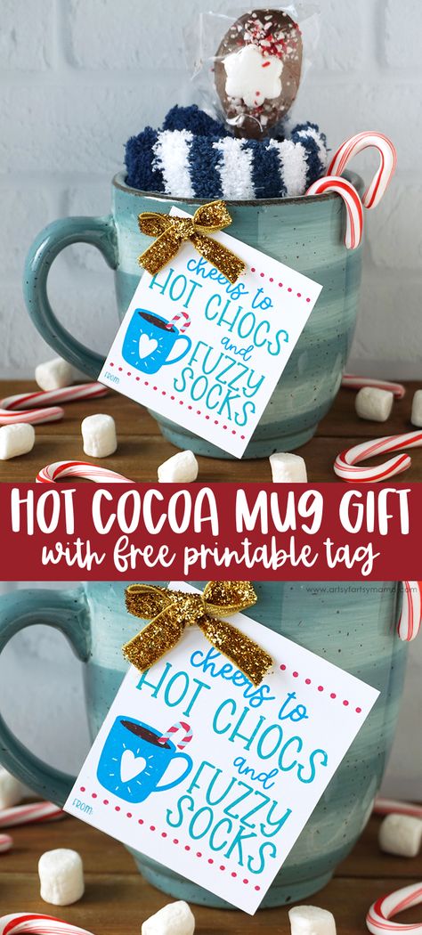 Hot Cocoa Mug Gift Idea + Free Printable Tag | artsy-fartsy mama Mug And Socks Gift, Coworker Mug Gift Ideas, Fuzzy Socks And Hot Chocolate Gift, Hot Coco Mugs Diy Gift, Socks And Hot Chocolate Gift, Hot Cocoa Stocking Stuffer, Teacher Christmas Mug Gifts, Socks In A Mug Gift, Blanket And Hot Cocoa Gift