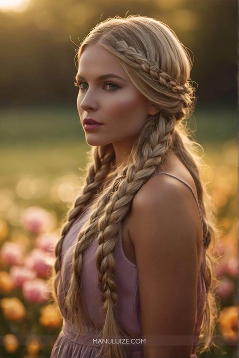 Long Blonde Braided Hair, Norse Hairstyles Women Short, Elaborate Braids Long Hair, Braid Fantasy Hair, Braiding Long Hair, Hairstyles For Long Hair With Braids, Hairdos With Braids, Roman Goddess Hairstyles, Swedish Braids Hairstyles