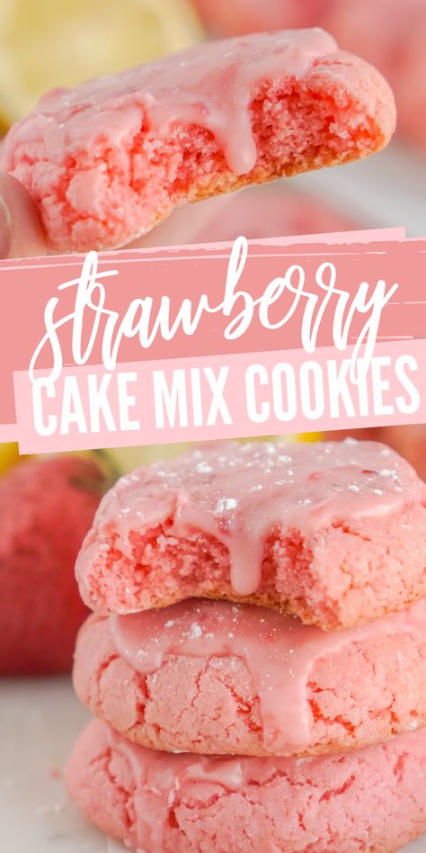 Amazing Strawberry Cake Mix Cookies! These Cookies are SO easy to make with a cake mix base and a strawberry lemon glaze! Perfect for Valentine's Day, Spring, or Summer! Soft and Chewy Cookies in 20 minutes! #lemonpeony #strawberry #lemon #cookies #cakemixcookies #strawberrycookies Strawberry Cookie Cake, Box Strawberry Cake, Strawberry Cookie Recipe, Cookies For Spring, Strawberry Cake Cookies, Easy Strawberry Cake, Strawberry Cake Mix Cookies, Strawberry Bliss, Easy Strawberry Desserts