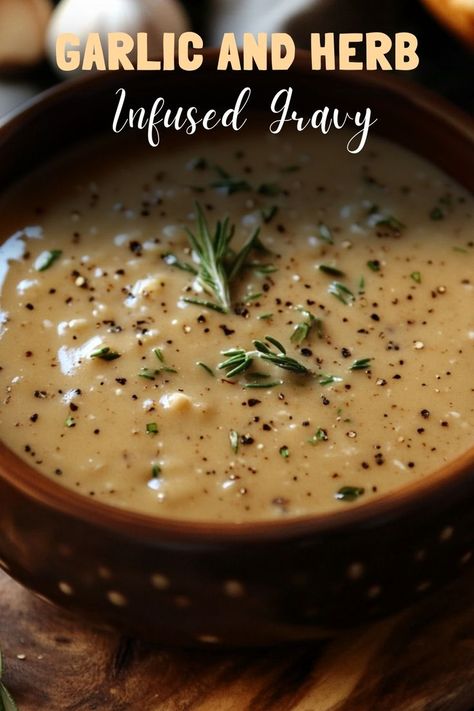 Elevate your meal with garlic and herb infused gravy, a flavorful sauce that pairs perfectly with turkey and mashed potatoes. #HolidayGravy #ThanksgivingSides Rosemary Gravy, Herb Mashed Potatoes, Herb Gravy, Garlic Herb Mashed Potatoes, Turkey And Mashed Potatoes, Gravy For Mashed Potatoes, Potatoes And Veggies, Potato Gravy, Gravy Recipe