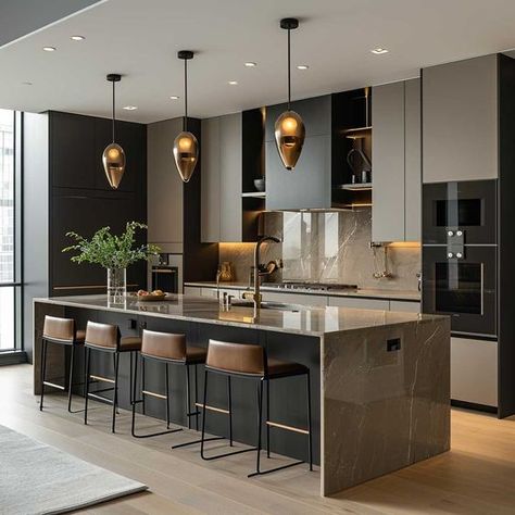 Modern Luxury Kitchen, Elegant Kitchen Design, Desain Pantry, Contemporary Kitchens, Modern Kitchen Island, Modern Kitchen Interiors, Kitchen Interior Design Modern, Kitchen Design Plans, Modern Kitchen Cabinets