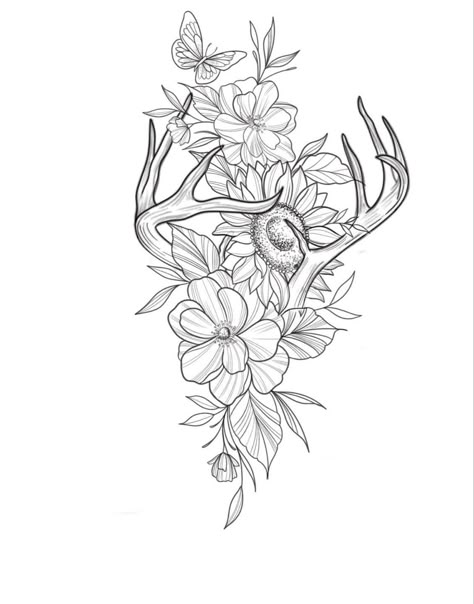 Hip Sleeve Tattoo, Country Hip Tattoos Women, How To Design A Tattoo Sleeve, Elk Tattoo Feminine, Western Hip Tattoos Women, Western Shoulder Tattoos For Women, Antler Tattoos For Women, Tattoo Outlines For Women, Cow Skull Tattoo Flowers