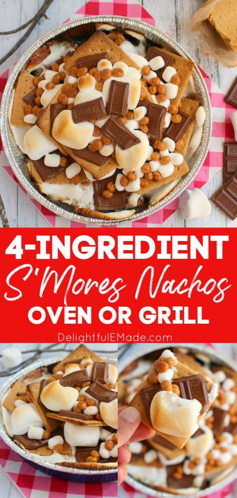 S'mores Nachos {Oven or Grill} | The ultimate S'mores Recipe! Smore Nachos Campfire, S’more Nachos, S’mores Nachos In Oven, S’mores On The Grill, Smore Nachos Oven, Smores Dessert Grill, Grilled Desserts Easy, Nachos On The Grill, Grill Smores