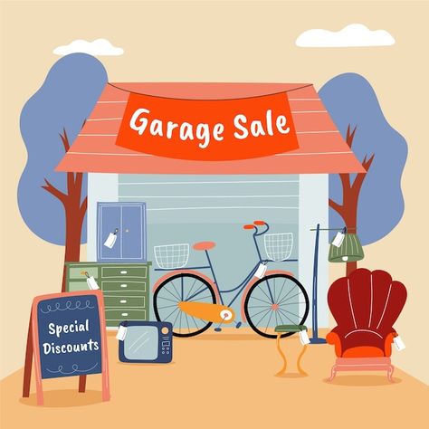 Free vector flat design garage sale illu... | Free Vector #Freepik #freevector #second-hand #flea-market #bazaar #clothes-shop Sale Illustration, Garage Sale, Garage Sales, Clothes Shop, Flat Design, Flea Market, Graphic Resources, Vector Free, Second Hand