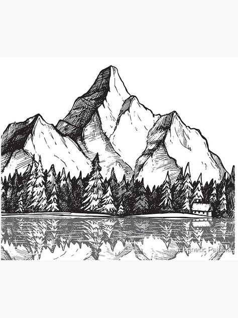 "Scenic Mountain with Reflection in Lake Water // Snowy Mountains Mountain Range Drawing" Tapestry by MagneticMama | Redbubble Drawing Of Mountains, Mountains And Trees, Mountain Drawing, White Drawing, Ink Drawing, Trees, Black And White, Water, White