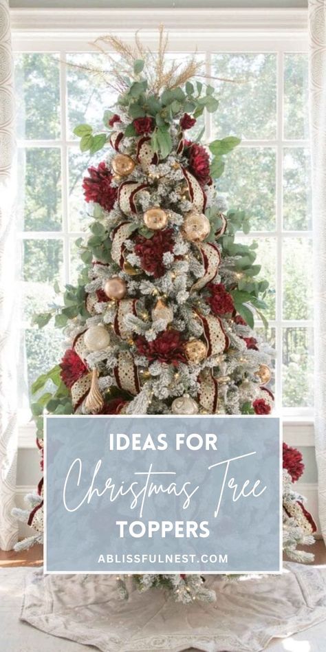 Ready to elevate your Christmas tree decorations this year? Discover festive and creative ideas for Christmas toppers that will add a special touch to your holiday décor. From classic stars to personalized designs, there are endless possibilities to suit your style. Start planning your perfect tree today and find the perfect topper to complete your holiday look! #christmasdecor #holidayideas #treetoppers Tall Christmas Tree Topper, Red White Christmas Tree Topper, Star Christmas Tree Topper Ideas, Beautiful Christmas Tree Toppers, Wreath Tree Topper, Christmas Tree Toppers For Small Trees, Christmas Tree With Ribbon Topper, Star Tree Topper Ideas, Beautiful Tree Toppers