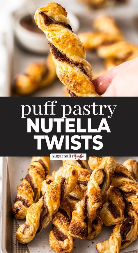 These Nutella puff pastry twists are the perfect treat for breakfast, brunch or a snack. With just 4 ingredients, in no time at all, these incredibly easy Nutella pastries are totally addictive. Why you'll love them: Addictively yum! Crispy layers, crunchy, buttery and chocolatey! Only 4 ingredients. Seriously easy to make – just 10 minutes effort. Can be made ahead. Perfect for brunch, breakfast or just a sweet snack with a cuppa. Puff Pastry Nutella Twist, Nutella Twists Puff Pastries, Nutella And Puff Pastry Recipes, Nutella Pastry Puff, Puff Pastry With Nutella, Puff Pastry Nutella Recipes, Nutella Puff Pastry Recipes, Nutella Pastries, Nutella Twists